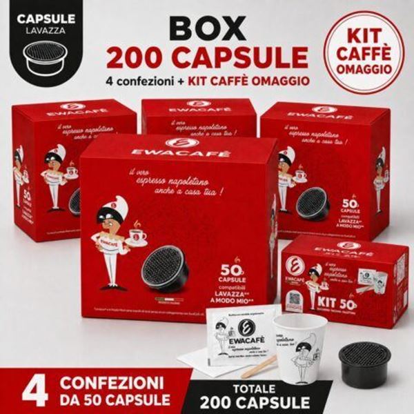 Immagine di Box 200 Capsule EwaCafè Compatibili Lavazza modo mio + Kit Caffè Omaggio